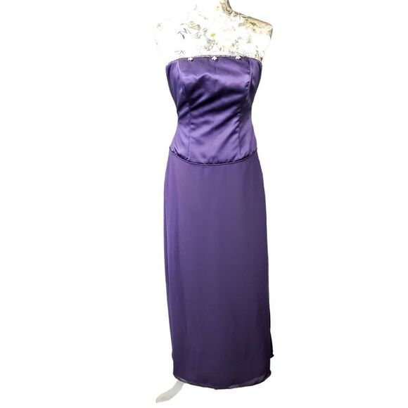 Formal Rhinestone Embellished Bodice  Strapless Purple Satin Long Gown Dress - Picture 9 of 11